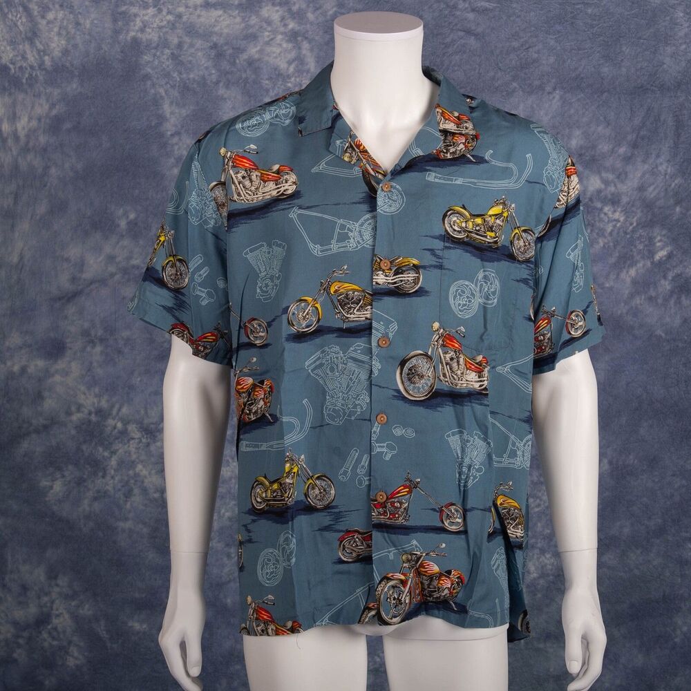 Vintage Paradise Found Hawaiian Shirt L Blue Motorcycle Print 100% Rayon